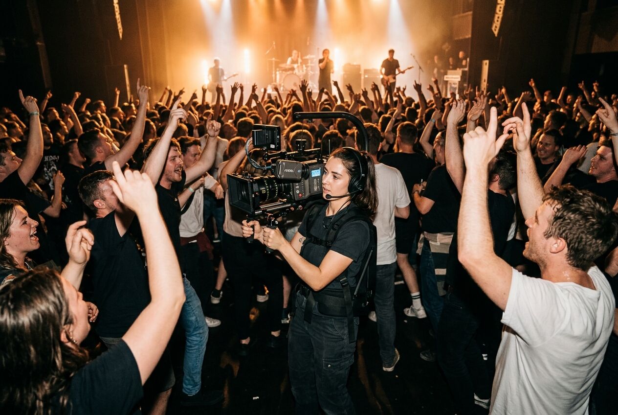 Cameraman die tijdens een druk indoor evenement de dansende menigte filmt met fel podiumlicht op de achtergrond.