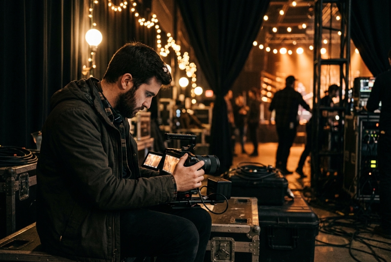 Videograaf bekijkt backstage zijn beelden op het camerascherm, podiumlicht op de achtergrond