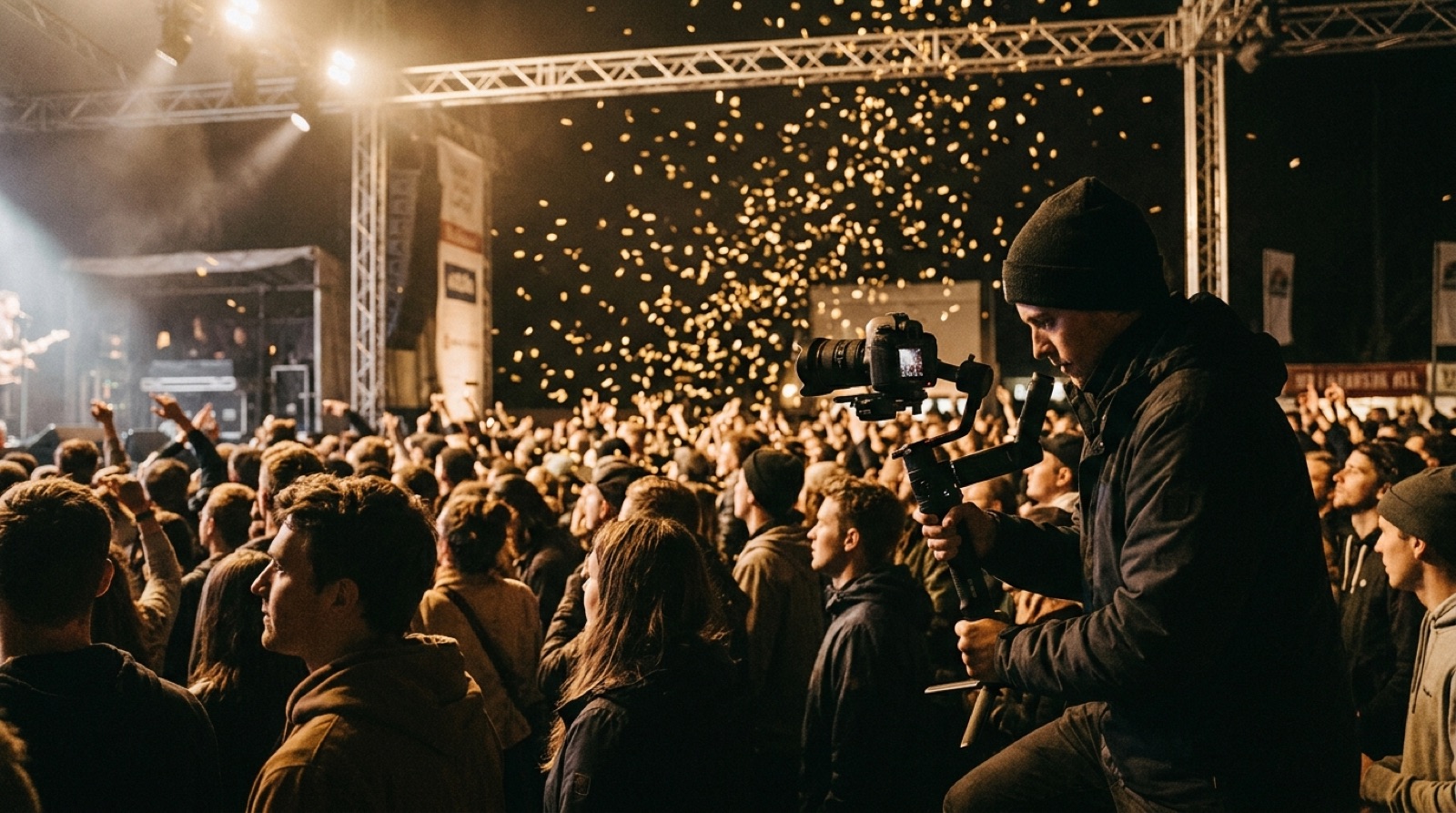 Videograaf met gimbal filmt een menigte tijdens een avondevent met confetti en podiumlicht